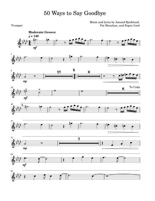 50 Ways to Say Goodbye Trumpet Solo Sheet Music - PDF & MIDI Free Downloads