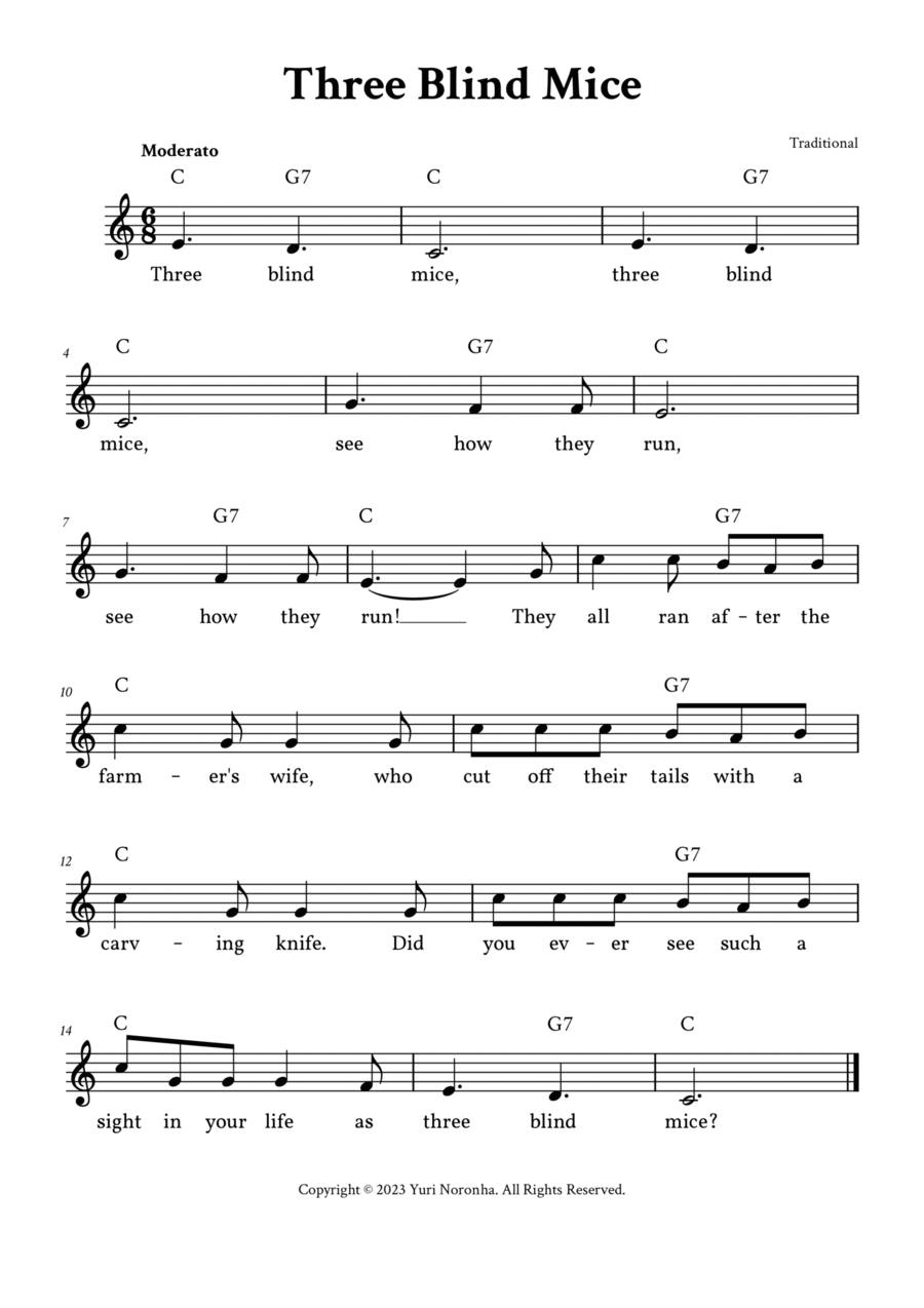 Three Blind Mice Sheet Music for Piano, Guitar, and More - Free Download