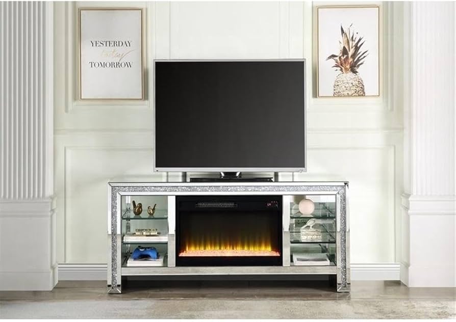 Stylish Acme Noralie TV Stand: Modern Glam with Faux Diamond Inlays & LED Fireplace