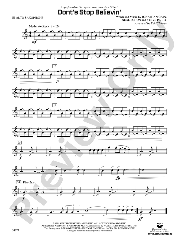 Download Dont Stop Believin Saxophone Sheet Music Online Today