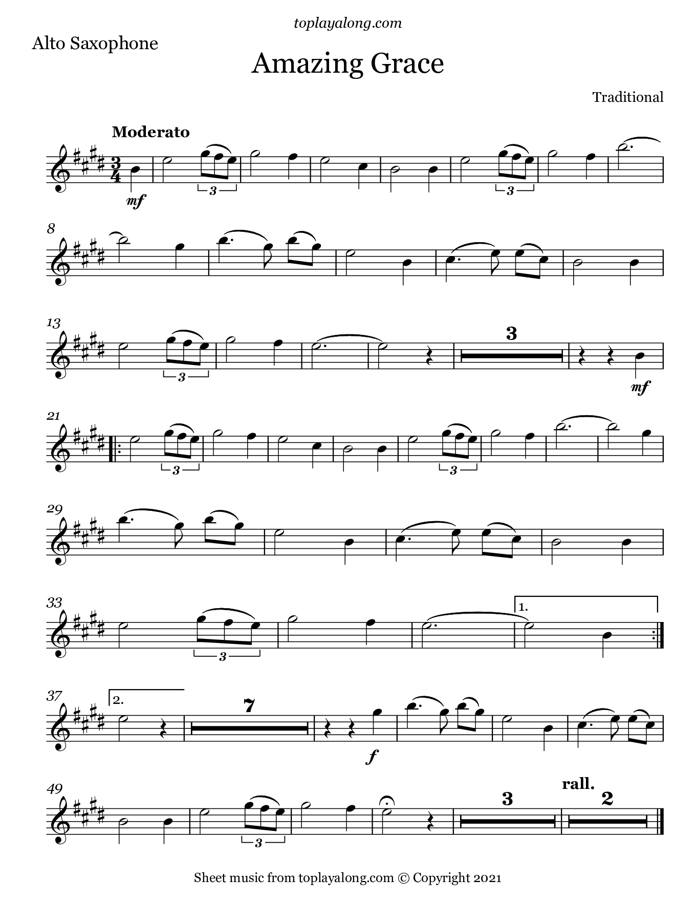 Amazing Grace Sheet Music for Saxophone: Easy Play-Along Version