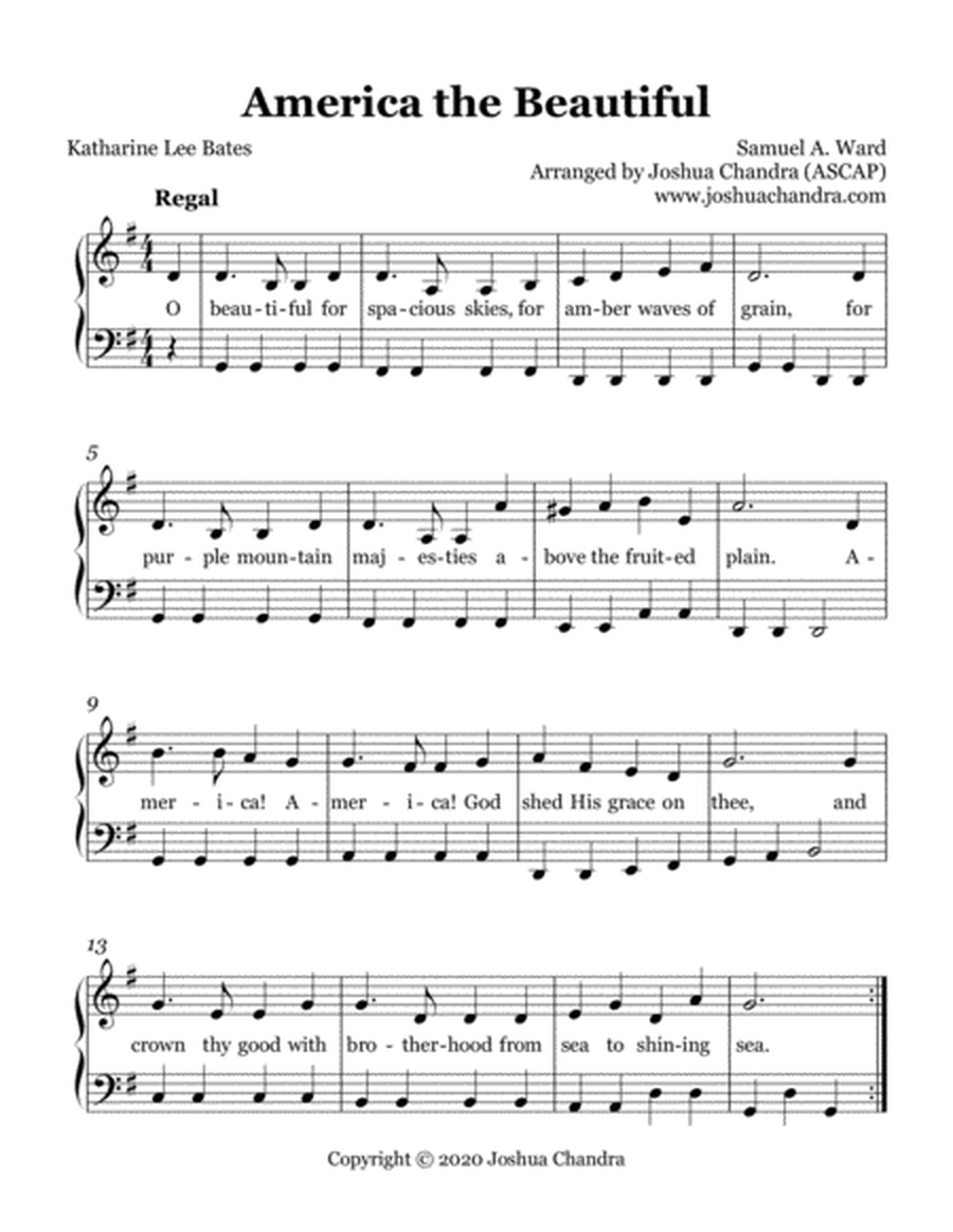 Download America the Beautiful Free Sheet Music (Simple Arrangements for Beginners and Kids)