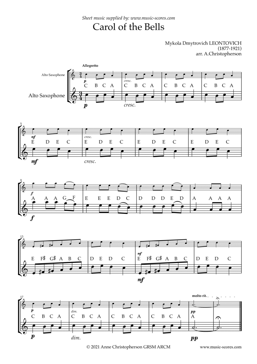 Easy Carol of the Bells Alto Saxophone Sheet Music - Get it Now!